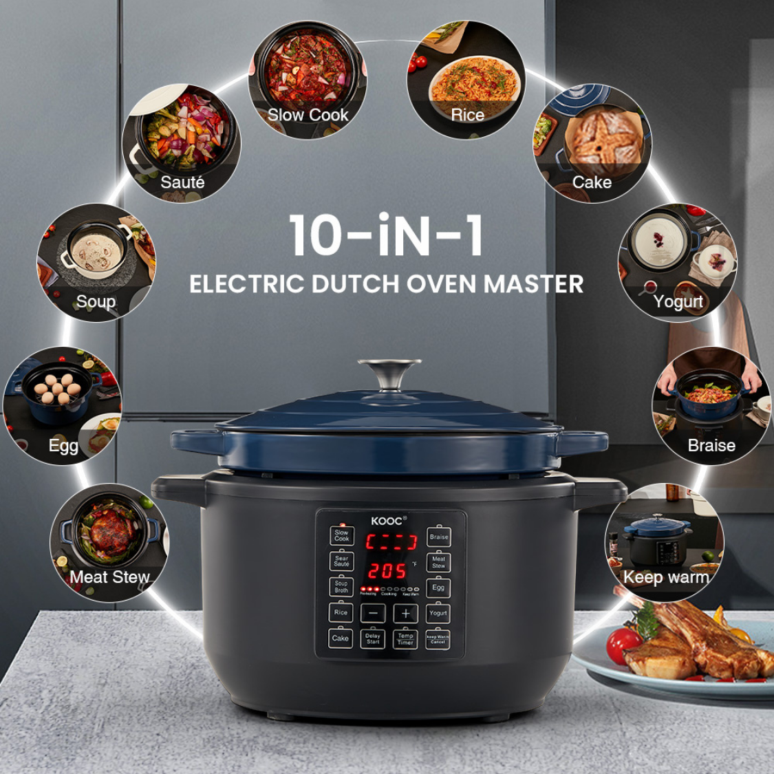 KOOC 10-in-1 Electric Dutch Oven, 6-Quart Blue, Slow Cook, Braise, Meat  Stew, Sear/Sauté, Enameled Cast Iron with Self-Basting Lid, 1500W