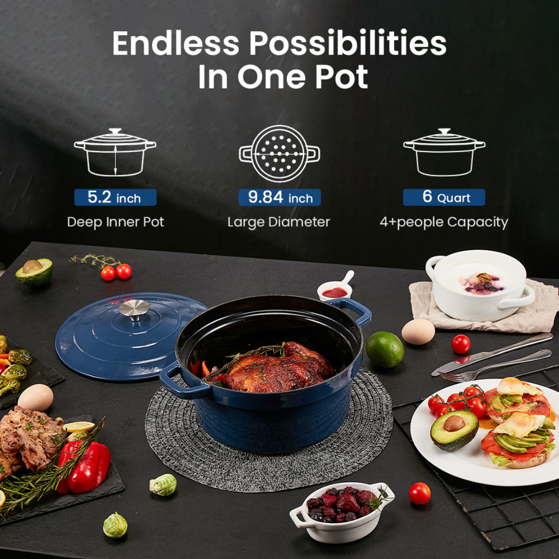 KOOC 10-in-1 Electric Dutch Oven, 6-Quart Blue, Slow Cook, Braise, Meat  Stew, Sear/Sauté, Enameled Cast Iron with Self-Basting Lid, 1500W