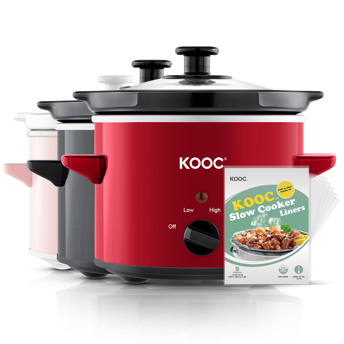 KOOC - Small Slow Cooker - 2 Quart, Red, with Free Liners