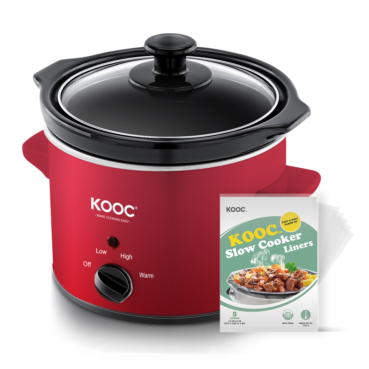 KOOC - Small Slow Cooker - 2 Quart, Red, with Free Liners