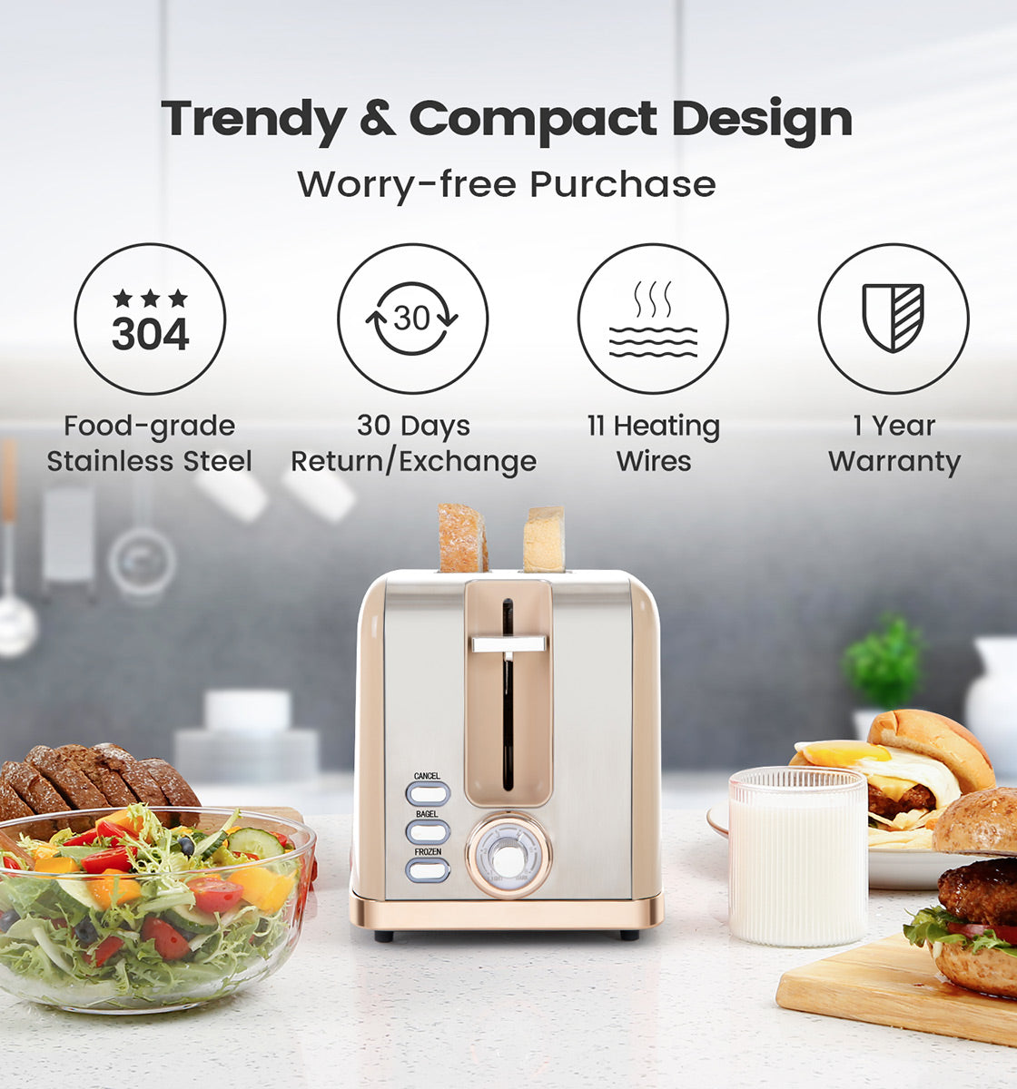 KOOC - Retro Stainless Steel Toaster, 2 Slice, Milk – KOOC Official