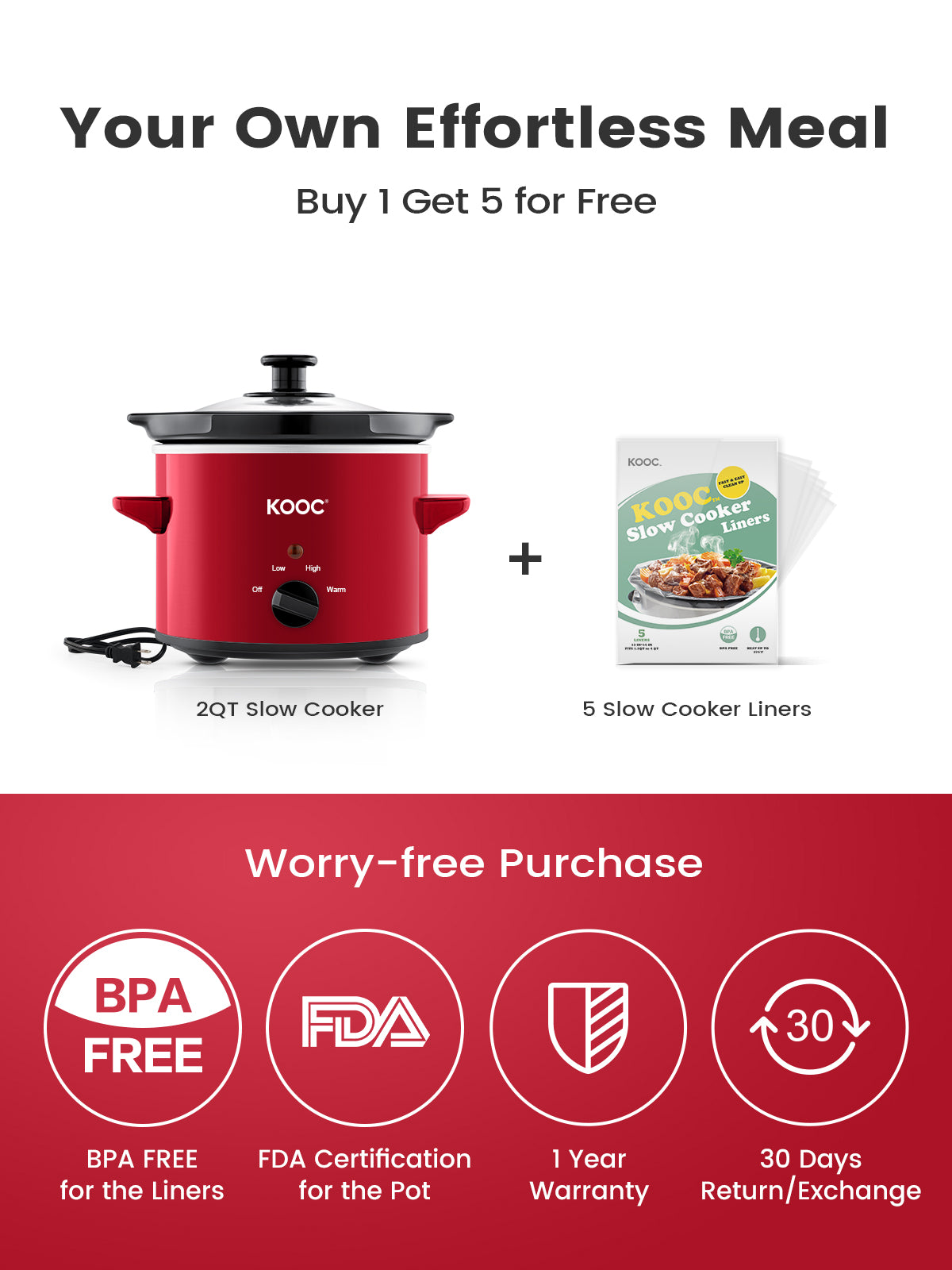 KOOC Small Slow Cooker, 2-Quart, Free Liners Included for Easy Clean-up,  Upgraded Ceramic Pot, Adjustable Temp, Nutrient Loss Reduction, Stainless  Steel, Red, Round