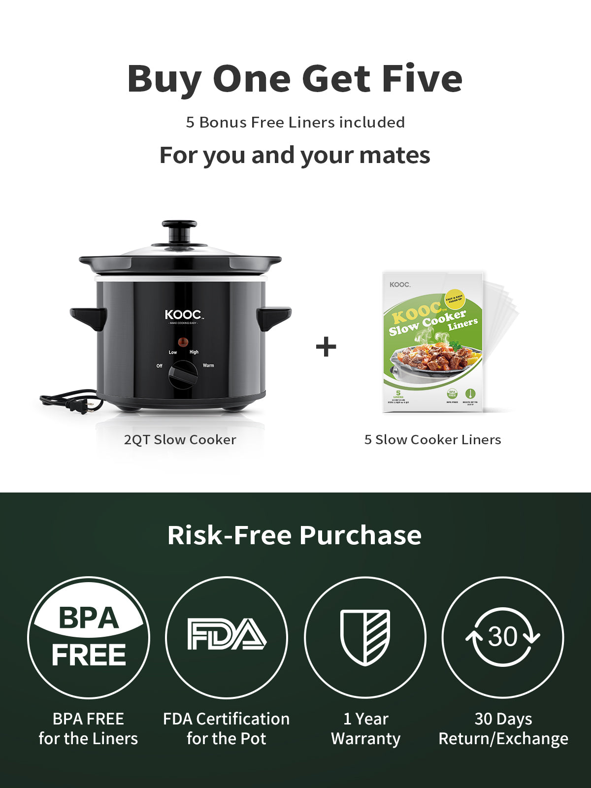 KOOC Small Slow Cooker, 2-Quart, Free Liners Included for Easy