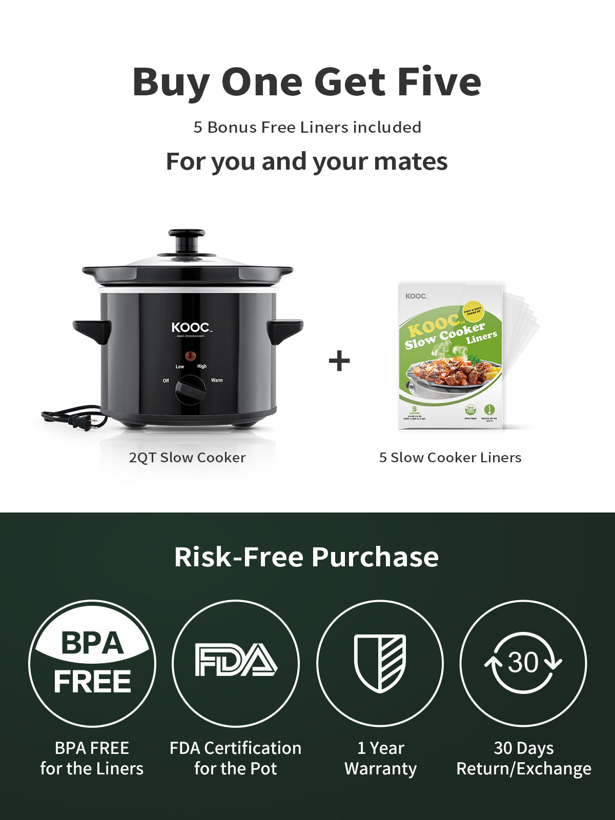 KOOC - Small Slow Cooker - 2 Quart, Black, with Free Liners