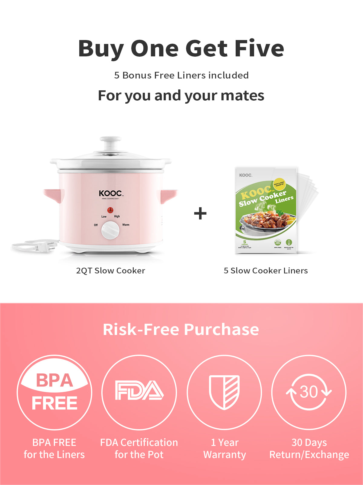 KOOC - Small Slow Cooker - 2 Quart, Pink, with Free Liners