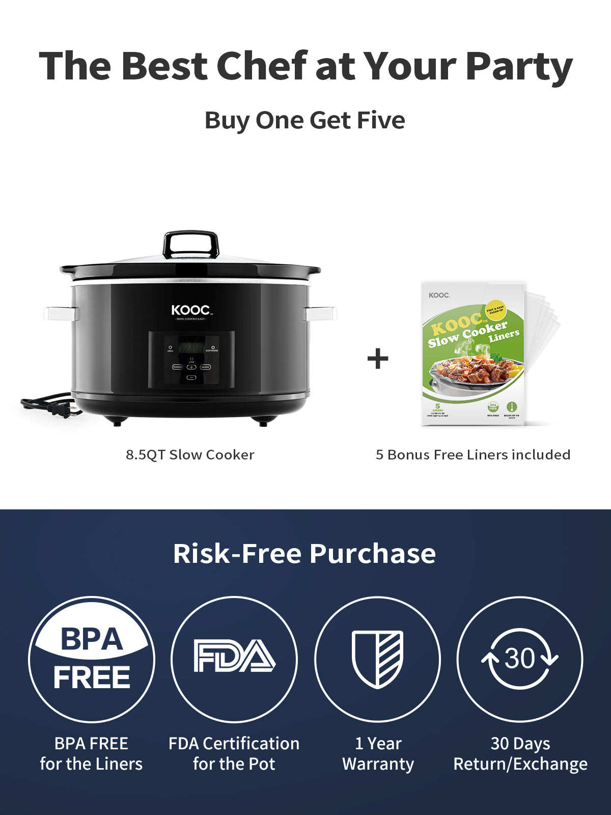 KOOC - Premium Programmable Slow Cooker - 8.5 Quart, with Free Liners